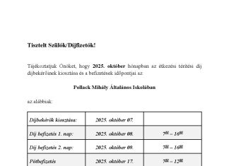 Étkezési térítési díj befizetése a Pollackban – 2025 Október
