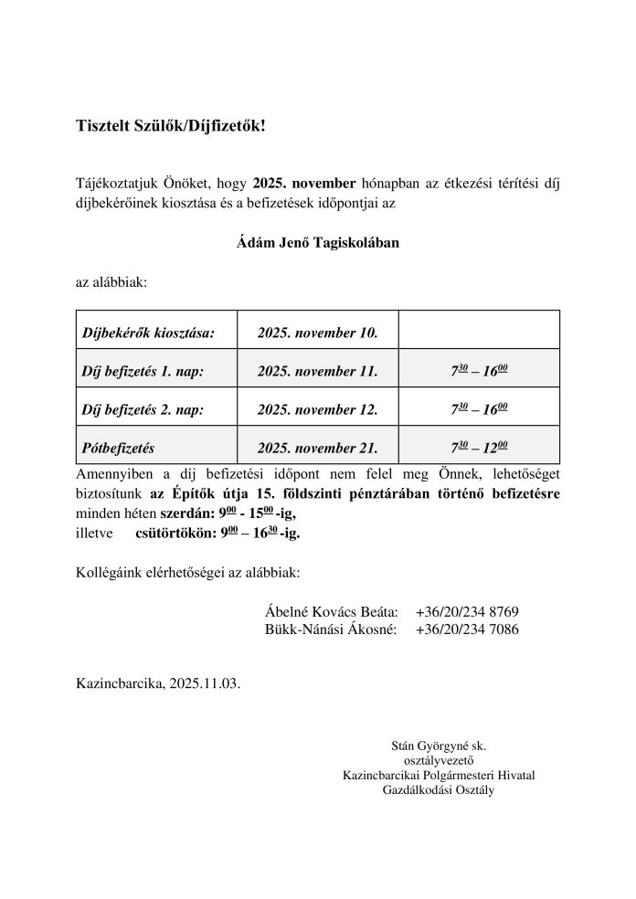 Díjfizetési tájékoztató november