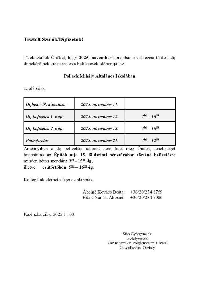 Étkezési térítési díj befizetése a Pollackban – 2025 November