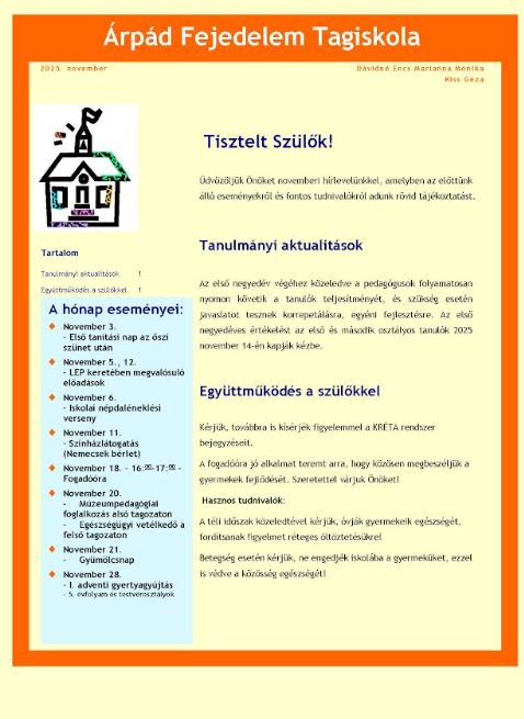 Novemberi hírlevél – Árpád Fejedelem Tagiskola