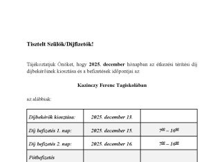 Étkezési térítési díj befizetése a Kazinczyban – 2025 December