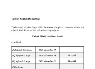Étkezési térítési díj befizetése a Pollackban – 2025 December
