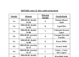 2025/2026-os tanév II. félév szülői értekezletek