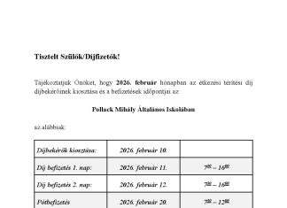 Étkezési térítési díj befizetése a Pollackban – 2026 Február