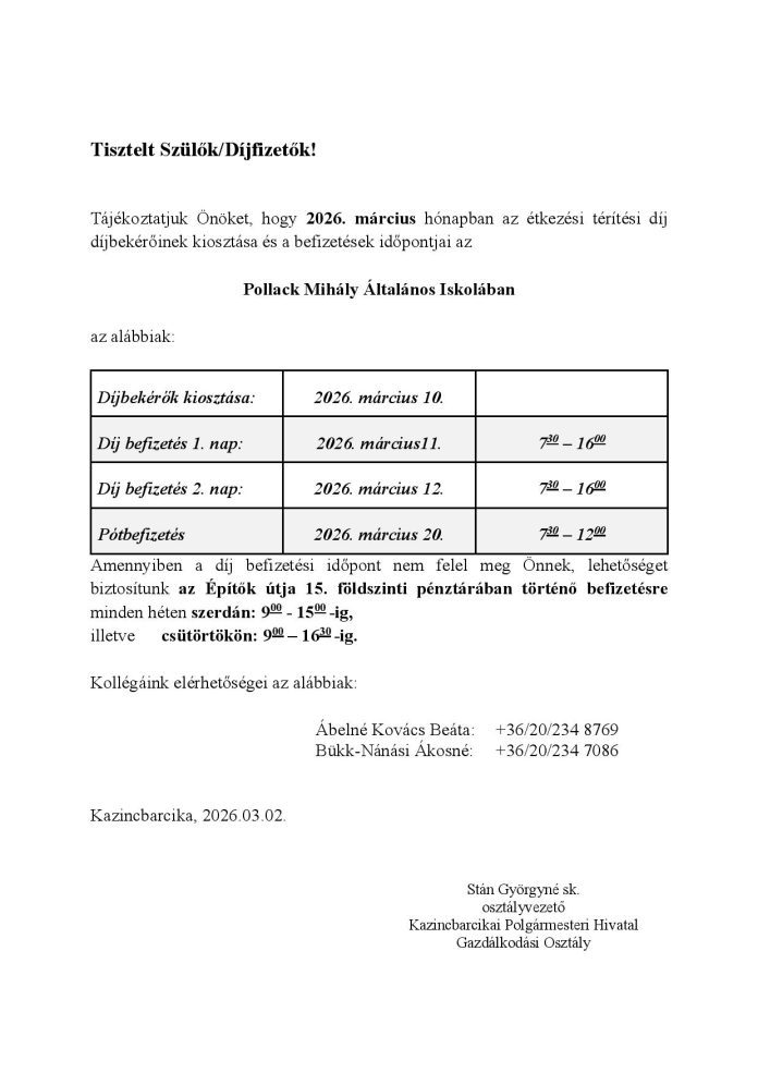 Étkezési térítési díj befizetése a Pollackban – 2026 Március