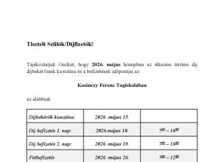Étkezési térítési díj befizetése a Kazinczyban – 2026 Május