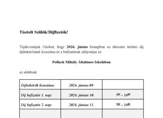 Étkezési térítési díj befizetése a Pollackban – 2026 Június