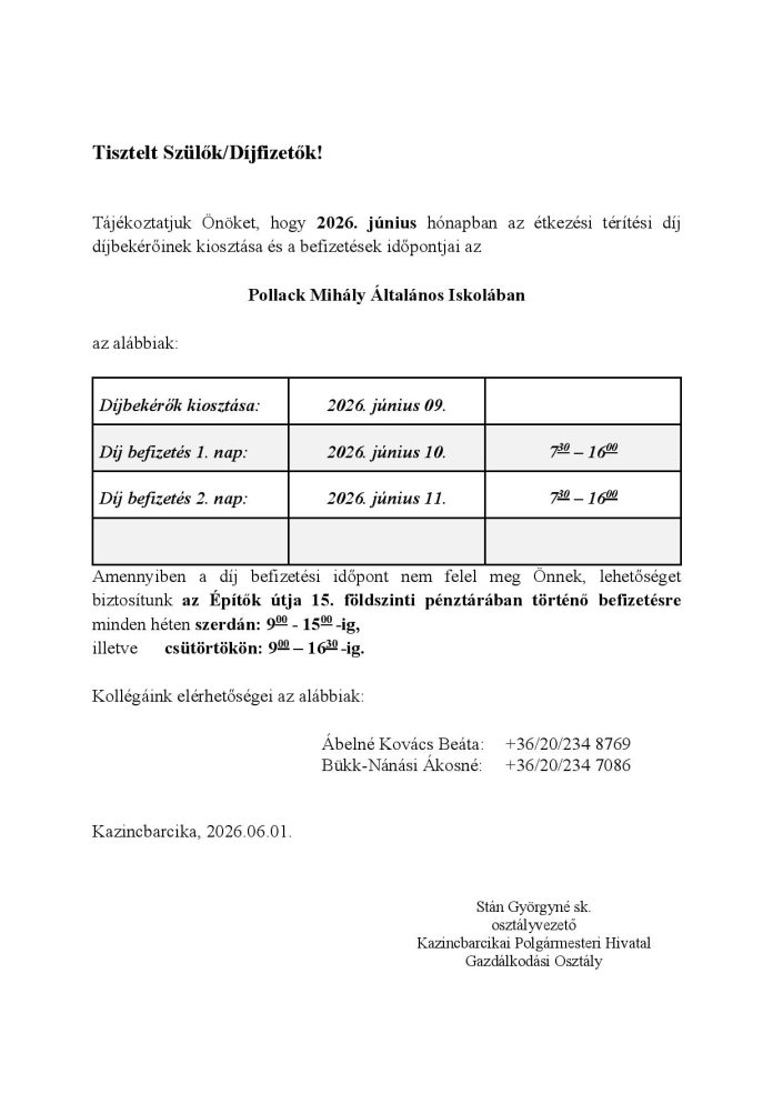 Étkezési térítési díj befizetése a Pollackban – 2026 Június