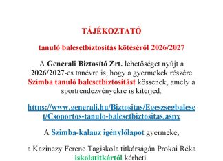 TÁJÉKOZTATÓ tanuló balesetbiztosítás kötéséről 2026/2027