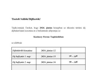 Étkezési térítési díj befizetése a Kazinczyban – 2026 Június