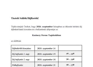 Étkezési térítési díj befizetése a Kazinczyban – 2026 Szeptember