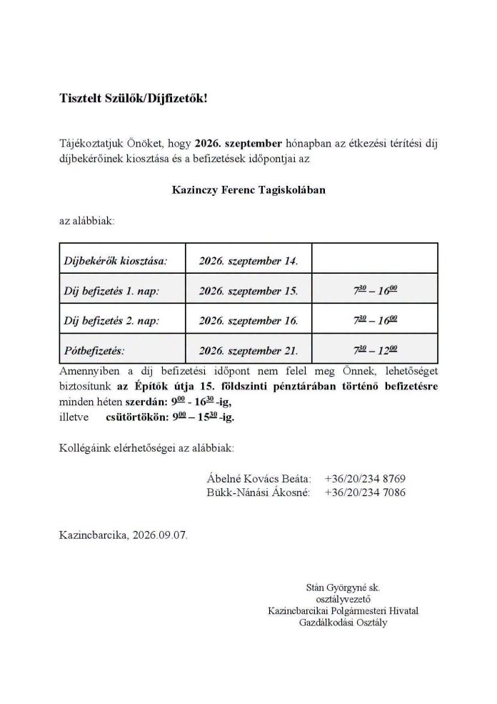 Étkezési térítési díj befizetése a Kazinczyban – 2026 Szeptember