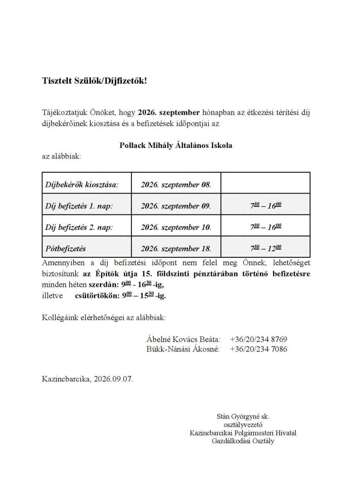 Étkezési térítési díj befizetése a Pollackban – 2026 Szeptember