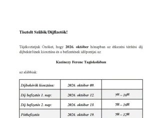 Étkezési térítési díj befizetése a Kazinczyban – 2026 Október