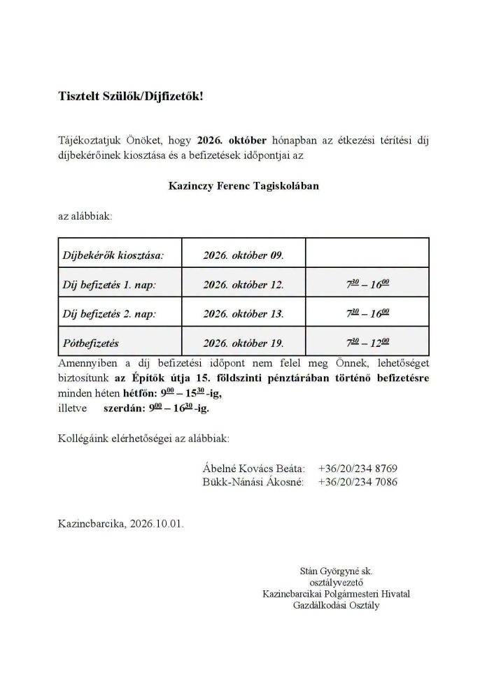 Étkezési térítési díj befizetése a Kazinczyban – 2026 Október
